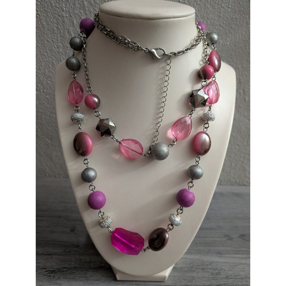 Multi Strand Pink Purple Silver Beaded Layered Statement Necklace Adjustable